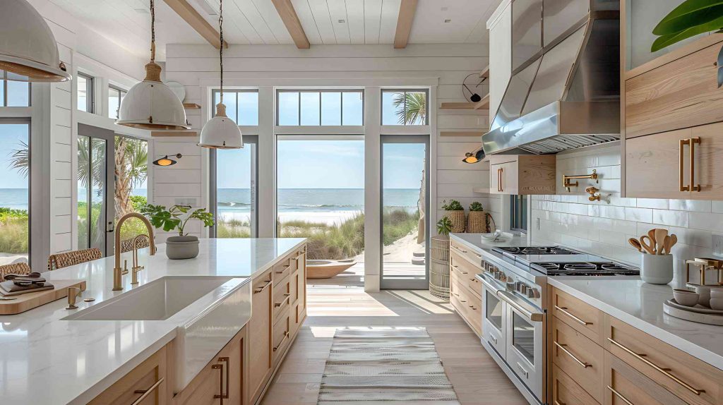 Bright and modern beachfront kitchen with an ocean view through large glass doors